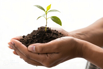 Hands holding fertile soil with a young green plant growing isolated on white background