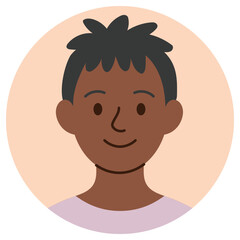 Cartoon avatar of smiling young black boy with short spiky hair isolated on pastel background