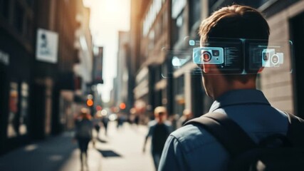 Man with AR Glasses Navigating Urban Street, Displaying Camera Icons and Data - Powered by Adobe