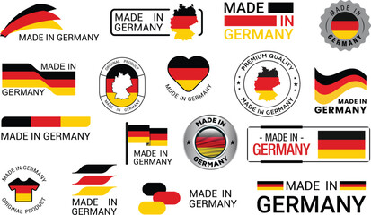 Made in Germany large collection set . Including german flag elements, map, badge design, heart shapes, and premium quality design . Collection vector illustration. Isolated on white background.
