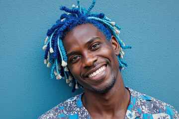 Portrait of young adult Black man smiling and looking into camera, standing against blue wall, showing blue braided hair, representing confident healthcare professional