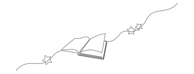 Opened book with flying page and stars in one continuous line drawing. Magic of reading and children library concept in simple linear style. Editable stroke. Doodle outline vector illustration
