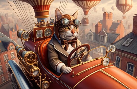 Steampunk Cat Pilot in Vintage Car Above Cityscape with Hot Air Balloons
