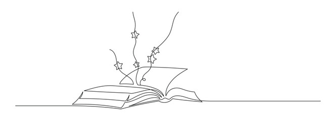 Opened book with flying page and stars in one continuous line drawing. Magic of reading and children library concept in simple linear style. Editable stroke. Doodle contour vector illustration