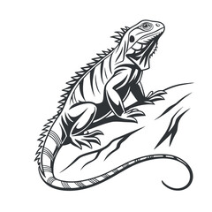 Obraz premium Majestic Iguana Illustration A Striking Black and White Drawing of a Lizard on a Rock, Perfect for Reptile Enthusiasts and Nature Lovers