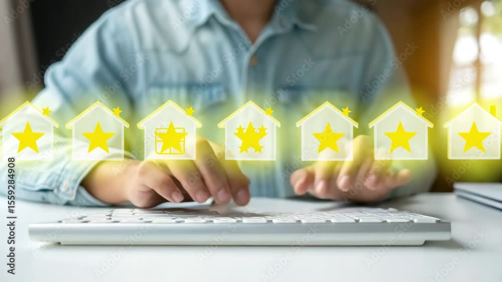 Aufkleber Person typing on keyboard with house rating overlay showing star rating for properties online