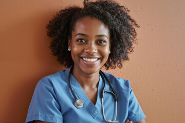 Portrait of young adult Black woman smiling at camera wearing medical scrubs and stethoscope, arms crossed, representing healthcare professional in clinical setting