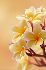 Fototapeta premium Cluster of yellow and white plumeria blossoms on a reddish branch against a soft golden background