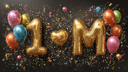 1 Million Celebration with Balloons and Confetti, colorful balloons, and falling confetti, symbolizing a major milestone or achievement