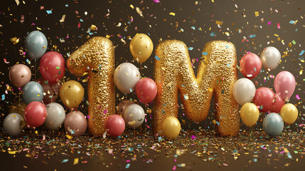1 Million Celebration with Balloons and Confetti, colorful balloons, and falling confetti, symbolizing a major milestone or achievement