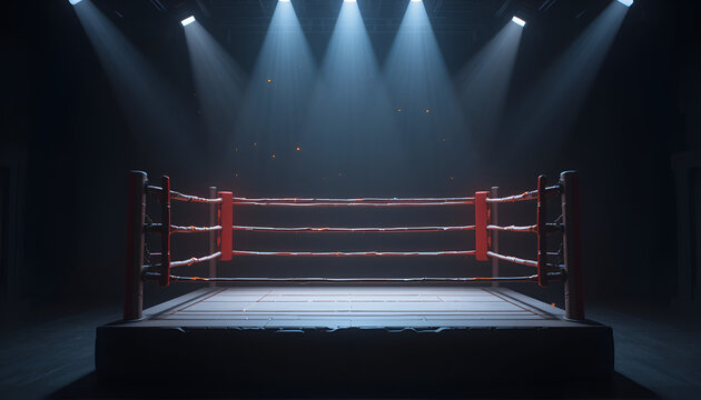 An empty boxing ring awaits its fighters, bathed in spotlight, symbolizing competition, sportsmanship, and the intensity of combat.