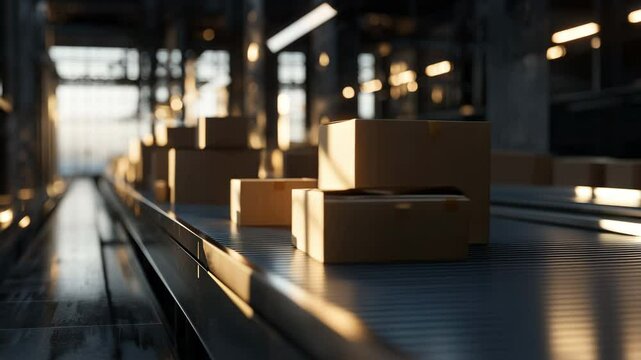 A dynamic scene of light and shadows playing across boxes on a conveyor belt in a fulfillment center, evoking a sense of motion and urgency in a bustling warehouse.