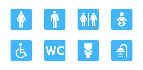 Washroom signs. Restroom or toilet door sign set containing gents, ladies, disabled, baby changing. Printable sticker. Transparent vector illustration.