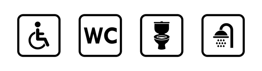 Washroom signs. Restroom or toilet door sign set containing gents, ladies, disabled, baby changing. Printable sticker. Transparent vector illustration.
