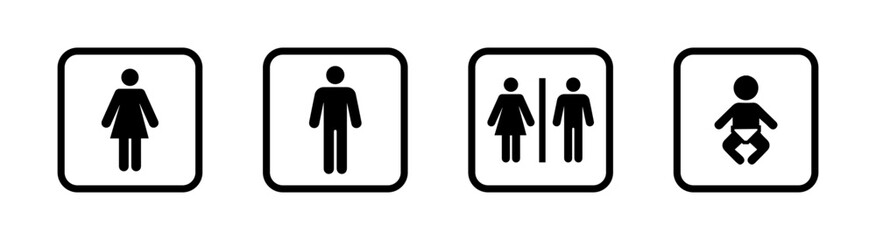 Washroom signs. Restroom or toilet door sign set containing gents, ladies, disabled, baby changing. Printable sticker. Transparent vector illustration.