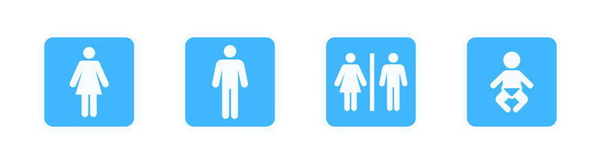 Washroom signs. Restroom or toilet door sign set containing gents, ladies, disabled, baby changing. Printable sticker. Transparent vector illustration.