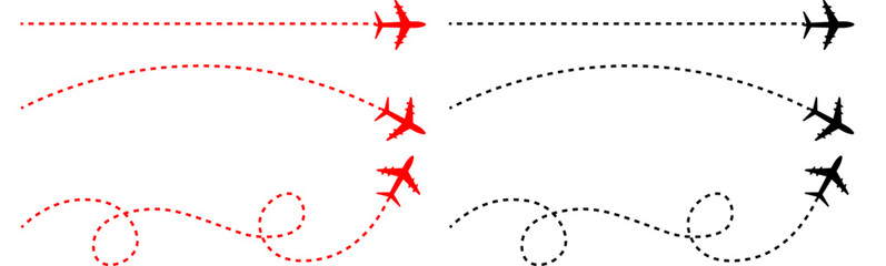 Airplane with dotted line route. flying plane with twisted, curved and straight dashed trace path. transparent png and vector illustration.