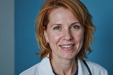 Portrait of middle aged Caucasian woman doctor smiling at camera, wearing medical coat, short light brown hair visible, standing against plain blue background