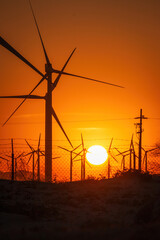 Palm Springs Windmills at Coachella Valley, California, USA at sunset against orange sky