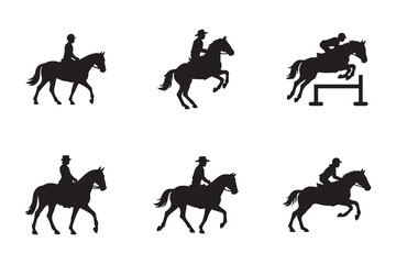 Equestrian sport silhouette set. Horse and rider icons for jumping and western riding