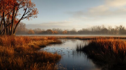 Foggy marshland with tall grasses, serene atmosphere, soft mist enveloping the landscape, tranquil and inviting natural beauty