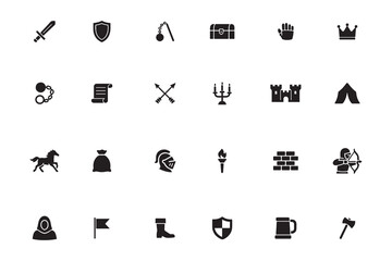 Medieval and fantasy glyph icon set. Middle Ages weapon, armor, and castle symbols for RPG games