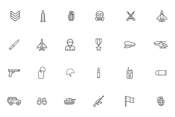 Military and army thin line icon set. Symbols of war, weapons, and soldier equipment