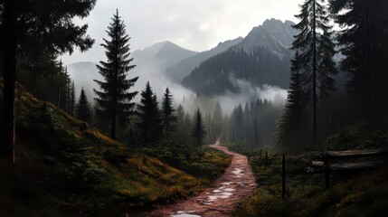 Foggy mountain trail enveloped by towering pines, serene atmosphere, muted colors, inviting exploration, nature's tranquility