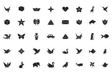 Naklejka premium Origami glyph icon set. Paper craft animals, shapes, and object silhouettes