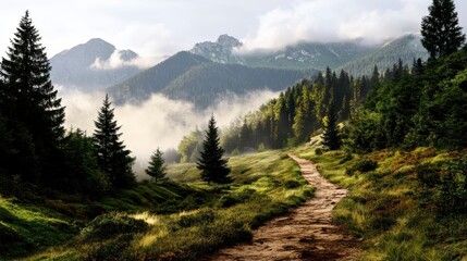 Foggy mountain trail enveloped by towering pines, serene atmosphere, nature's tranquility, inviting exploration and reflection