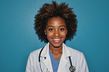 Portrait of young adult Black woman smiling at camera wearing medical coat and stethoscope standing against blue background representing healthcare professional
