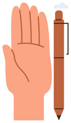 Obraz premium Open hand held upright beside a brown pen with clip in vertical orientation under a small cloud. Ideal for learning, creativity, productivity, communication, brainstorming, manual work, simple