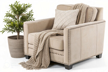 Comfortable beige armchair with throw blanket and decorative pillow isolated on white background