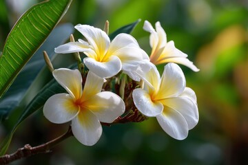 Frangipani blossoms petals of creamy white  yellow cluster amidst green leaves sunlit