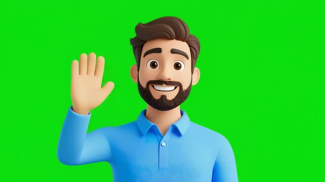 3D animation of a friendly cartoon male character with brown hair, beard, and a blue shirt smiling and waving at the camera