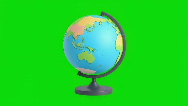 3D animation of a pastel-colored globe slowly rotating on its axis in a smooth, continuous loop. The globe spins left to right (west to east) with soft lighting on a green screen background