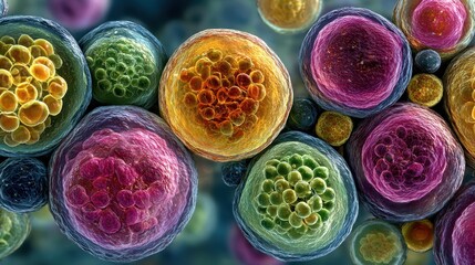 Abstract medical visualization of cancerous cells multiplying and spreading with a complex network in a magnified view, suitable for educational purposes