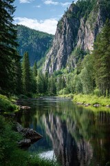 River reflects a rocky cliff face amidst lush green trees under a partially cloudy sky