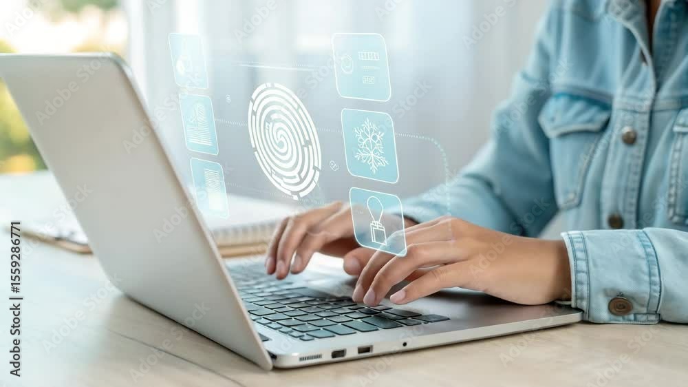 Poster person typing on laptop with fingerprint and other digital icons floating above the keyboard area