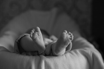 Tiny foot of a newborn baby. Close-up of the toes, heels and feet of a newborn baby, baby care leave