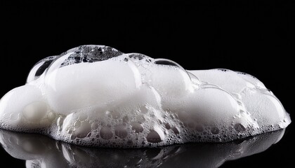 A cluster of soap foam and bubbles on a black background, forming a soft, textured, and reflective mass, evoking cleanliness and purity.