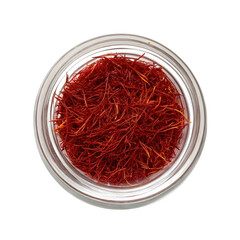 Naklejka premium Top view of dried red saffron threads in a clear glass jar isolated on transparent background