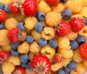 yellow raspberries, blueberries and strawberries for tasty nutrition