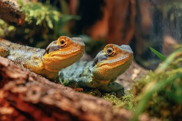 Two lizards one with a yellow head and the other with a gray head are positioned on a tree branch in a natural setting