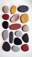 Collection of smooth polished and speckled stones in various colors arranged on a textured white surface