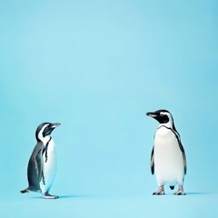 Fototapeta premium Two penguins standing on a blue background