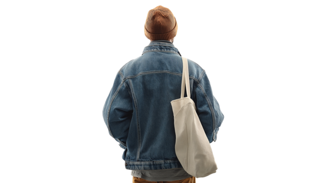 Casual man in denim jacket with beanie, standing back to camera, tote bag over shoulder, waist-up, isolated on white background, PNG 