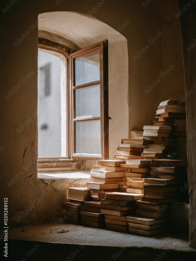 Aufkleber Stacked Books Create a Staircase Leading to Sunlight Through an Open Window in a Serene Indoor Space