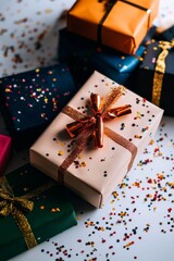 Colorful Gift Boxes With Festive Decorations and Confetti Scattered on a White Surface