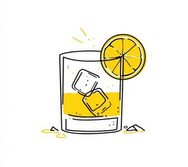 A minimalistic line drawing of an orange cocktail with ice cubes and a lemon slice, featuring clean shapes and a yellow color palette, perfect for logo design or t-shirt graphics.